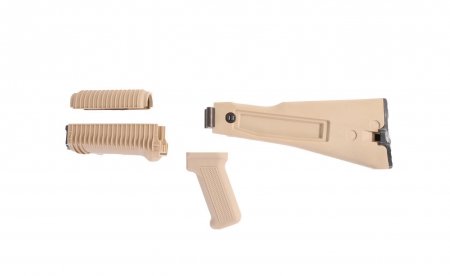 Desert Sand Polymer Left-Side Folding Buttstock Set with Stainless Steel Heat Shield and Pistol Grip for Krinkov Stamped Receivers